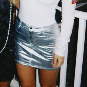 Silver Mini Skirt and White Long Sleeve Top